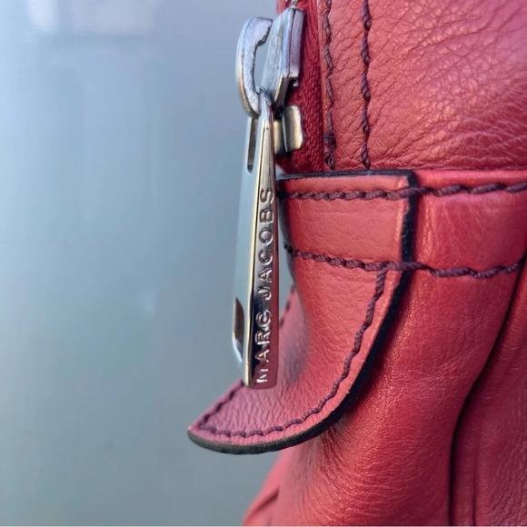 MARC JACOBS Handbag Deep Red Double Pockets Leather Silver Hardware Satchel - Picture 8 of 16